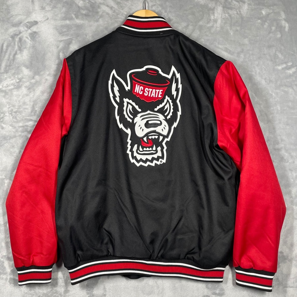 NC State Wolfpack Varsity Jacket Black Red Men Large Tuffy Mascot JH Design NWOT
